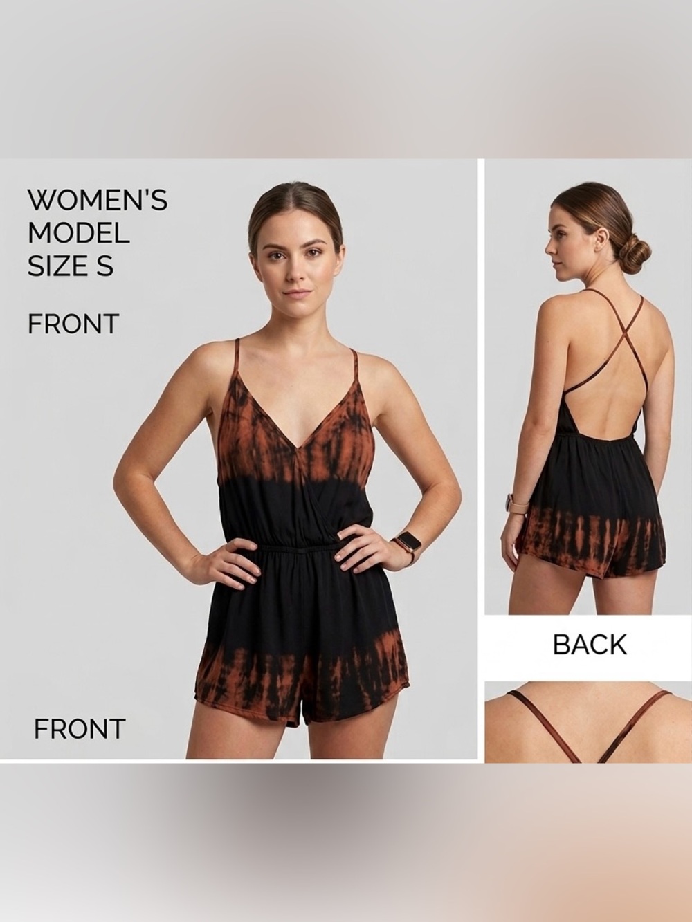 PRIMI Black & Rust Tie-Dye Romper Small, crossed Back straps NWT